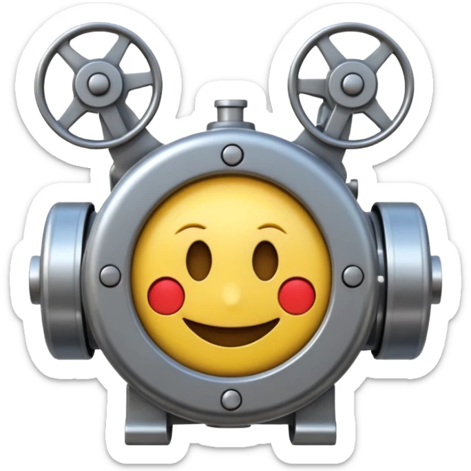 Industrial mechanical motor with a smiley face, emoji for the new electric music genre Motor breaks must be friendly and sellable must be small but clear child friendly, ready to use as a logo sticker