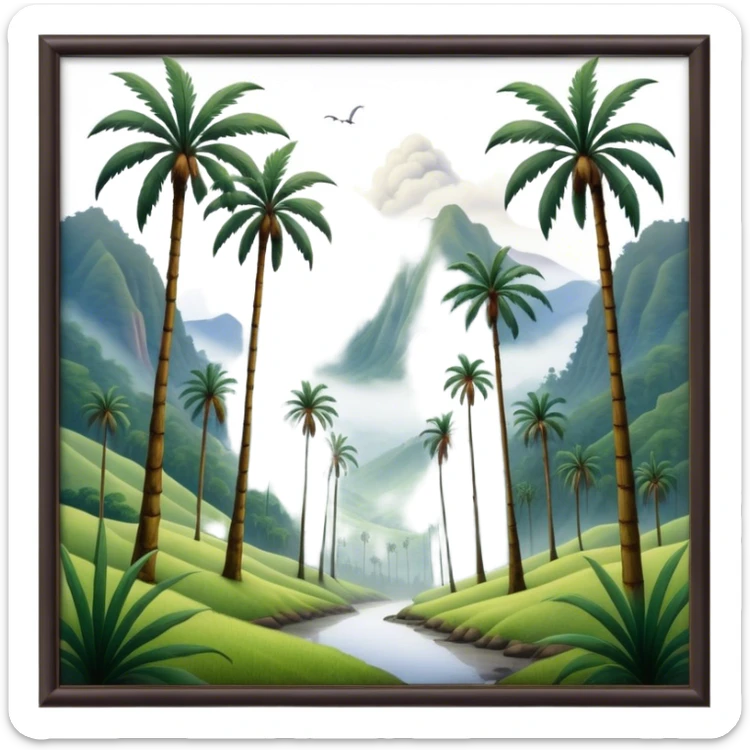 Cinematic Realistic Cocora Valley Landscape Emoji, depicted with towering wax palm trees in a lush, misty valley rendered with rich textures and dynamic, natural lighting. sticker