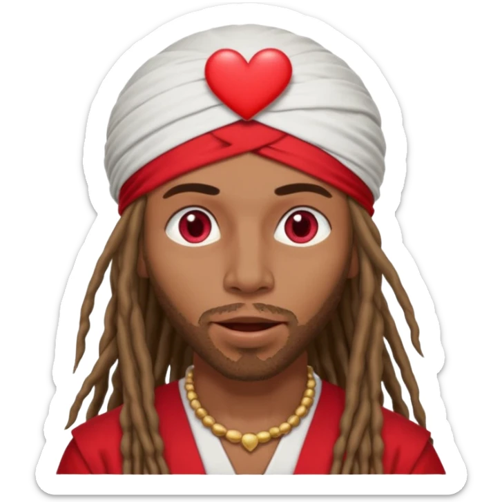 Brownskin man with long dreadlocks red shirt add white dubai turban add red heart in both of his eyes mouth open  sticker
