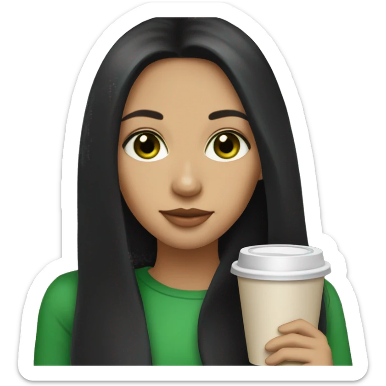 girl with long black hair, light skin tone, green eyes, sipping coffee sticker