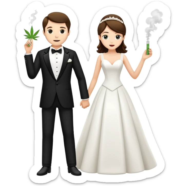 A bride in white wedding dress and groom in tuxedo, full body, smoking cannabis together sticker
