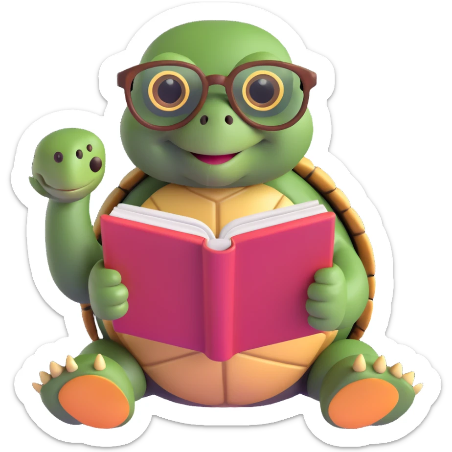 a tortoise wearing glasses, reading a large book, with a cozy and scholarly vibe sticker