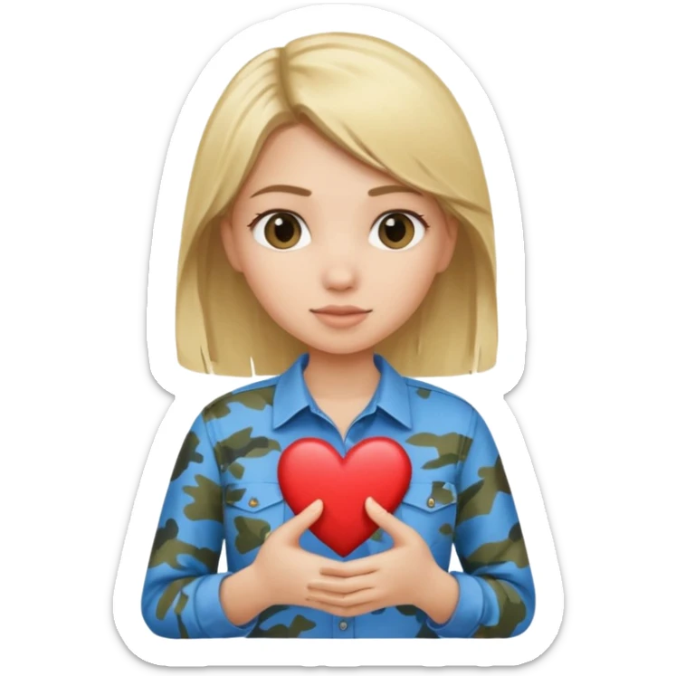 Blonde girl wearing blue shirt holding camo heart sticker