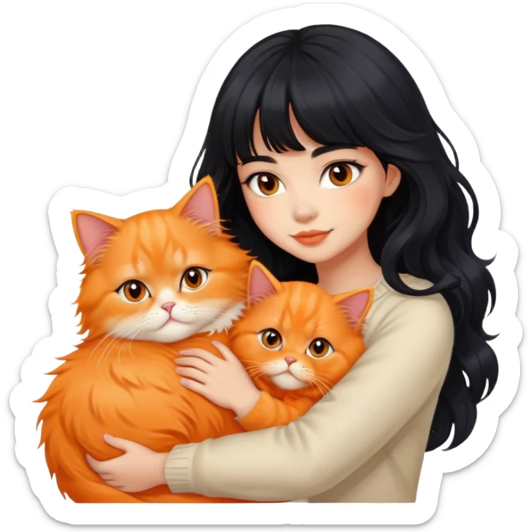 Beautiful girl with long wave black hair and bangs hugging orange Persian cat fluffy fur sticker