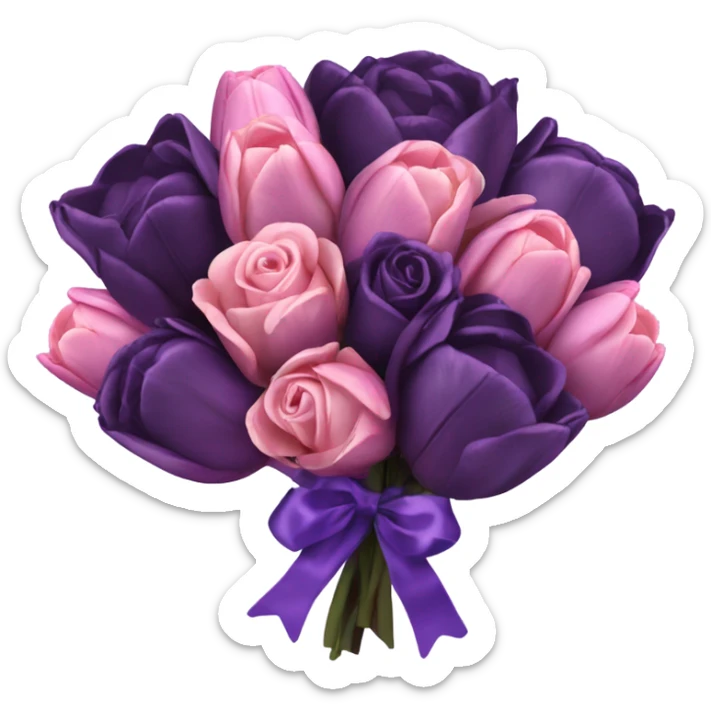 a beautiful aesthetic bouquet composed of dark purple and light pink tulips and dark purple roses tied with a silk purple ribbon sticker