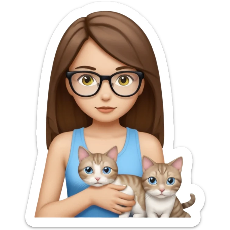 iOS-style emoji of a light-skinned girl with straight medium brown hair, black glasses and a white tank top, holding two cats: one white with yellow eyes and one gray tabby Siamese with blue eyes. sticker