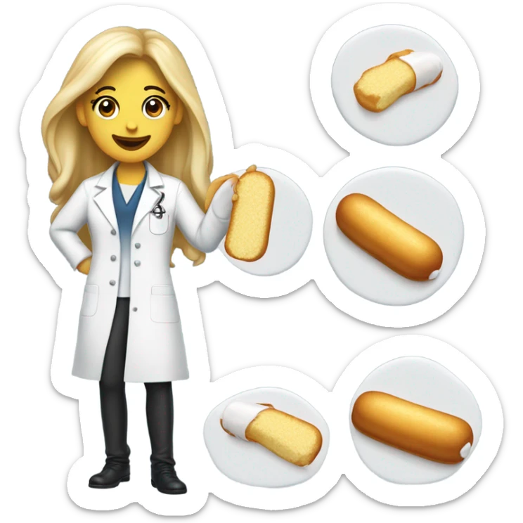 A Twinkie with cream spilling out of it, wearing a lab coat with long female hair and a beautiful female smile sticker