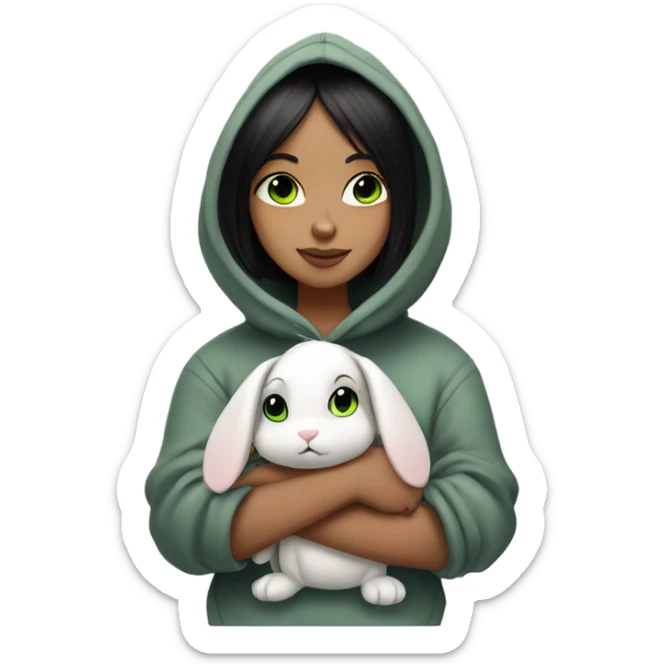 Girl with black straight bob hair, green eyes and nose piercing hugging a bunny in a hoodie  sticker