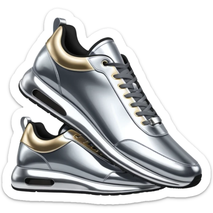 A pair of futuristic sneakers emoji made of silver chrome, sleek streetwear design, smooth metallic panels, subtle reflections, luxury swag aesthetic, iOS emoji style, centered, clean white background sticker