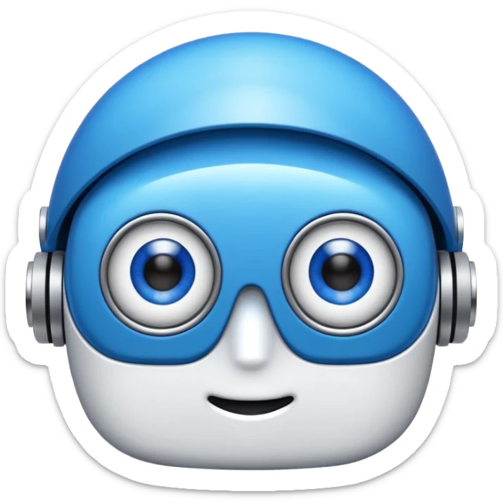 “Um robô branco e azul, com olhos digitais grandes, jeito atrapalhado e aparência muito fofa.” sticker