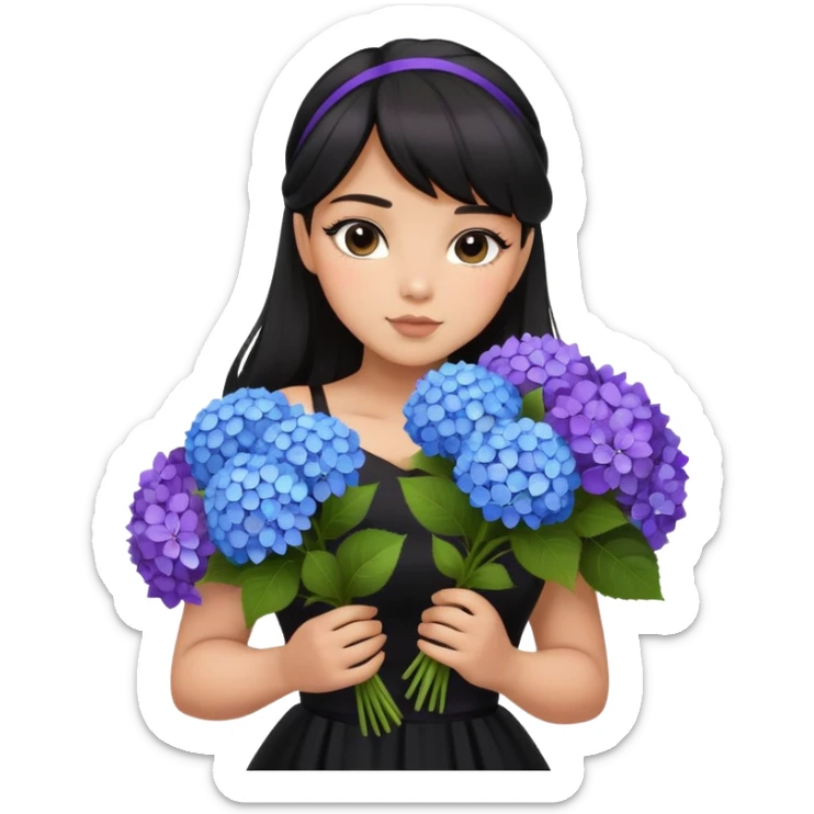 Latina girl with bangs black long hair in pony tail plus size black dress holding a blue and purple bouquet of hydrangeas sticker