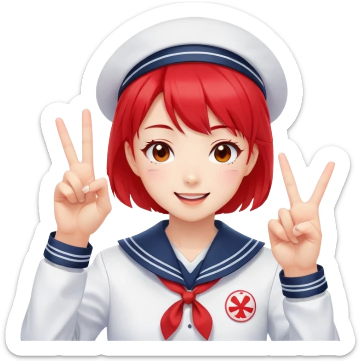 Energetic anime girl with short bright red hair wearing Japanese sailor style school uniform, winking and making double peace signs, very cheerful and bubbly, kawaii style sticker