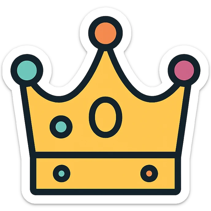 vector icon of a crown with gold and colorful elements, elegant and minimalist flat design, isolated on white background, award badge style, 2D flat vector, trending icon look, soft shadows, no text, perfect for commercial use, icon style sticker