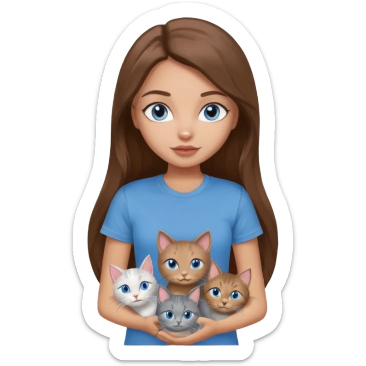a pretty bratz dusky light skin girl with long brown hair, blue eyes with six cats nd wearing a grey tshirt sticker