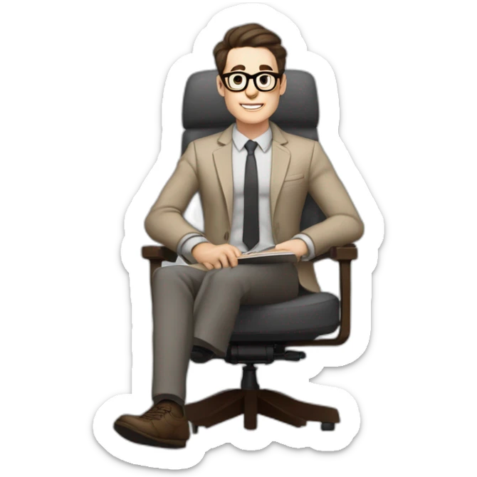 Pale skinned Fit Man With dark brown hair in gray jacket, beige office shirt, Brown pants and vintage glasses sitting In a soft chair with a notebook with emblem Ψ and a pen in his hands sticker