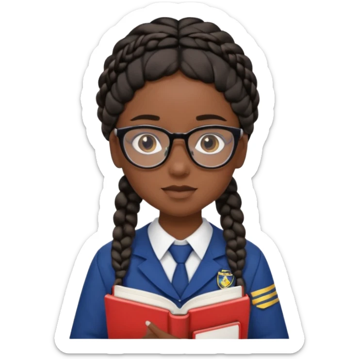 Girl student wearing uniform, glasses, hold book in front of their chest, black braided hair, dark skin sticker