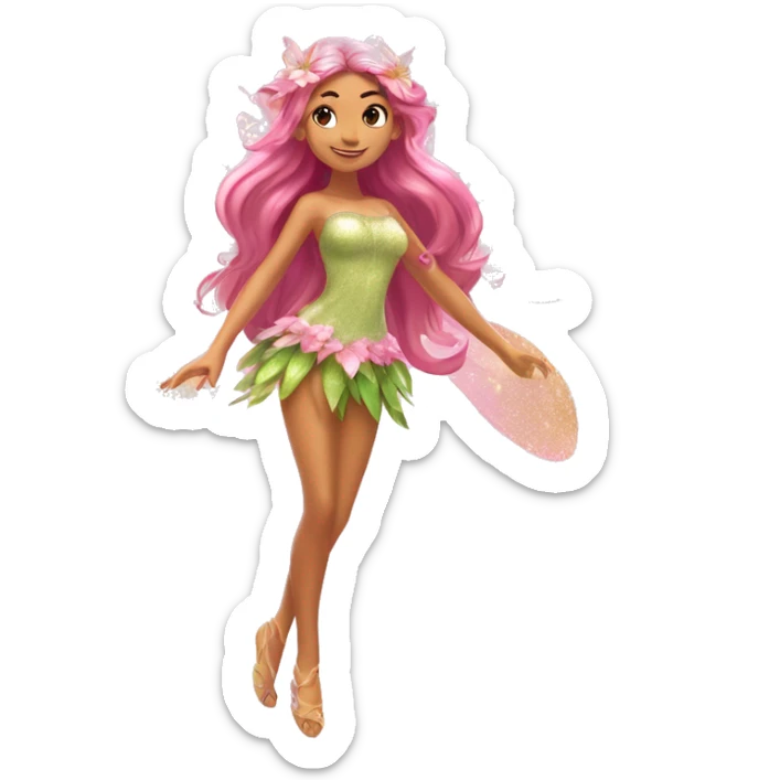 Flora the adult latina fairy of nature in her enchantix fairy pink clothing and fairy enchantix wings and long light brown hair from winx club. Small eyes, Lots of sparkles and fairydust. Full body and full fairy bliss sticker
