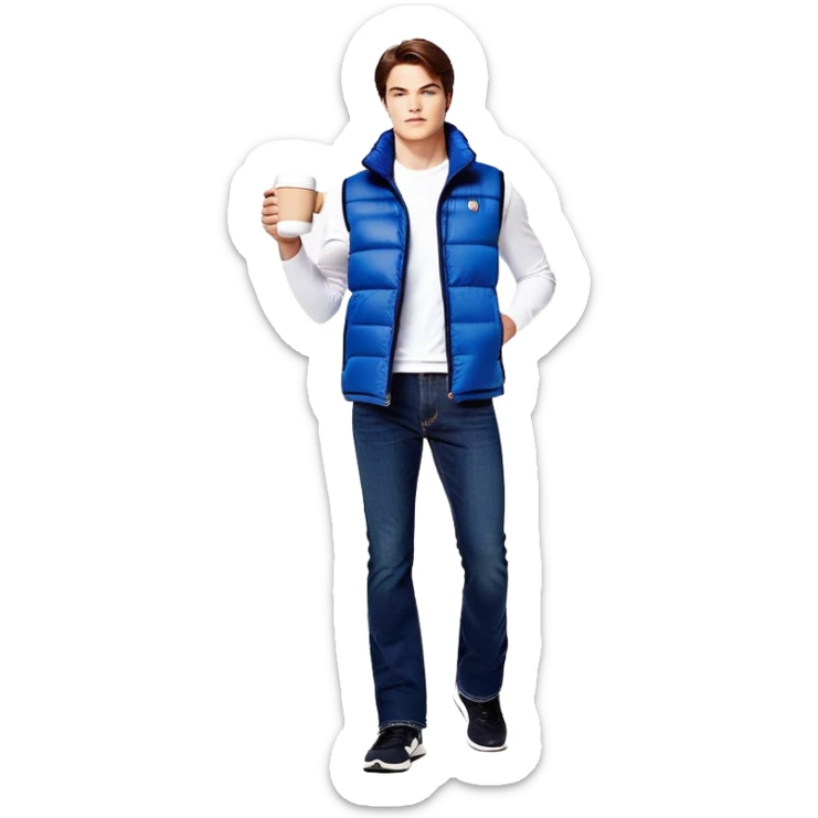 full body man with long sleeve white shirt with blue puffer winter vest with no pockets wearing straight long boot cut levi blue jeans with no cuffs and black tennis shoes holding a coffee mug in one hand directly in front of him at his chest and nothing in the other hand with his weight on one leg sticker