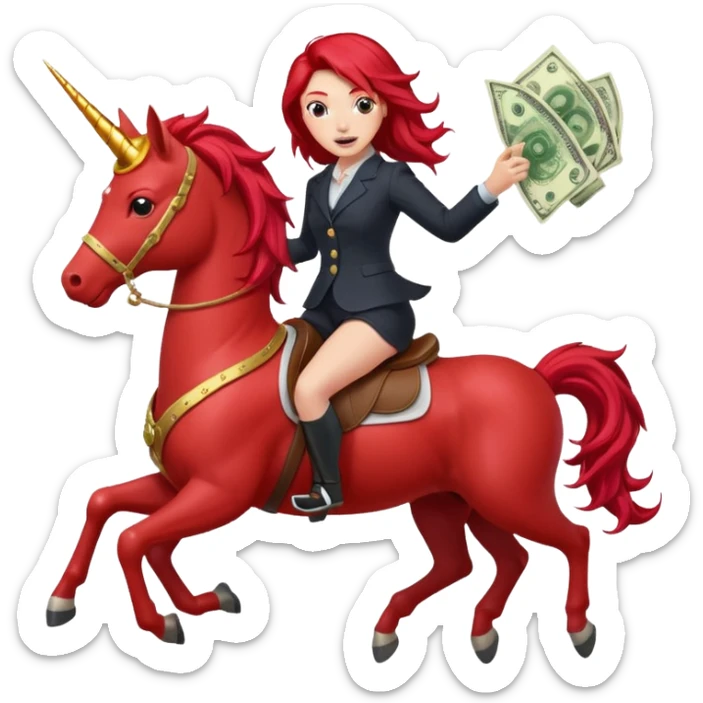 red horse red hair agressive unicorn running money on on the saddle sticker