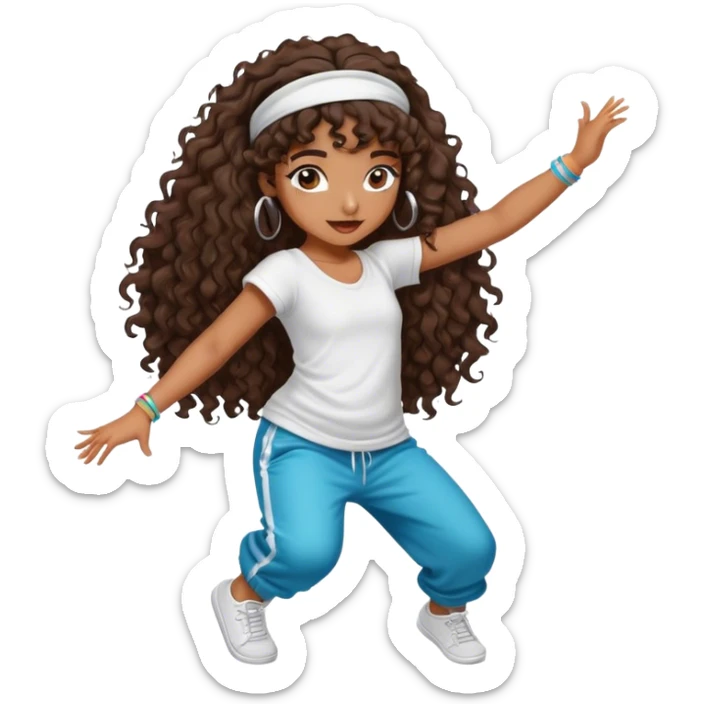 Dancing brown girl with long darn brown curly hair with headband hip hop sticker