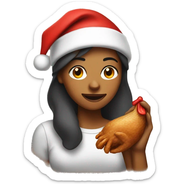 Brown skin woman wearing a Santa hat eating a chicken leg sticker