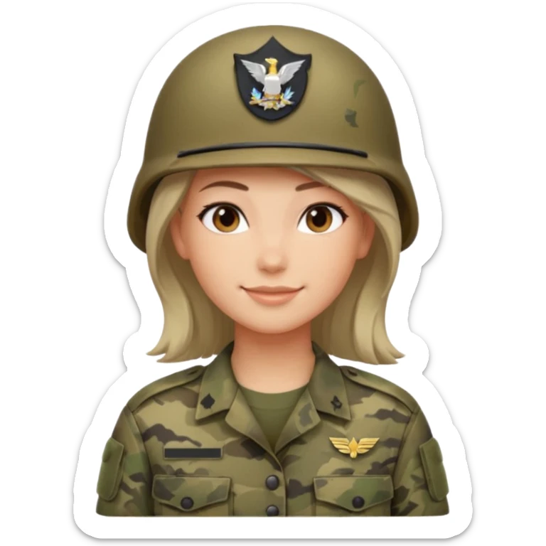 Female soldier emoji in Apple style, no cap/helmet, bust portrait, gentle smile, generic camo, hair visible, soft gradients, transparent PNG sticker