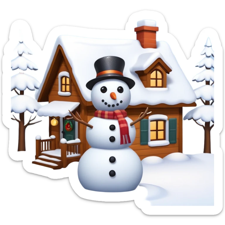 beautiful,  3d still life view, snow covered roof of a house, with a snowman built in front yard, snow is sparkling sticker