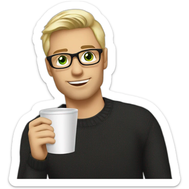 Blonde man green eyes in black jumper with clear glasses holding a white coffee cup sticker
