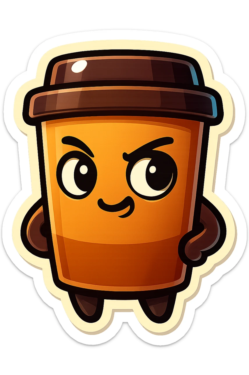 Tall coffee cup, mischievous eyes, pondering sticker