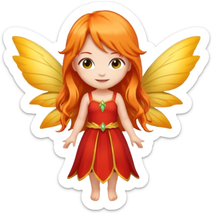 fairy with long orange hair, yellow wings, red dress, happy, chibi full body sticker