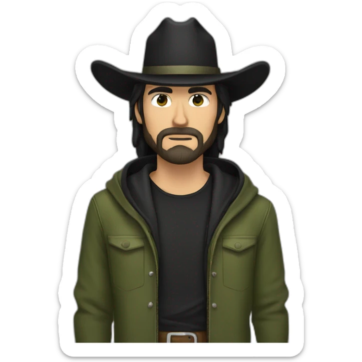 White hazel eyed cowboy with black long hair and beard wearing a black cowboy hat and olive green hoodie sticker
