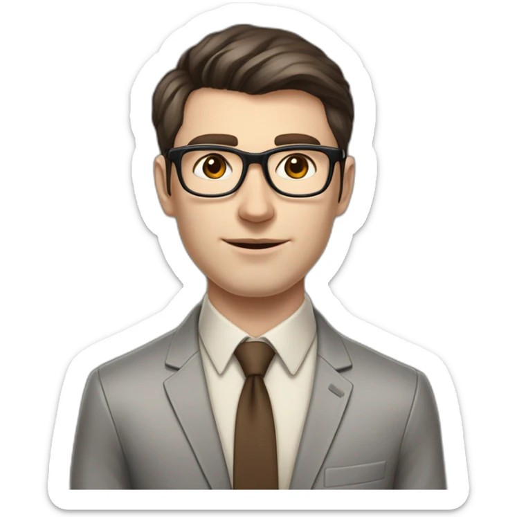 Pale skinned fit man with dark brown hair in gray jacket, beige office shirt, brown tie, brown pants and vintage glasses Writing on the flipchart sticker