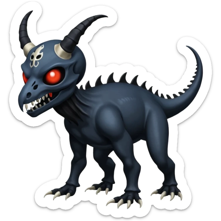 Shiny Dark Edgy  Duskull-Salandit-Inteleon-Amaura-Fakémon-hybrid-creature (full body) with a horned animal-skull-mask sticker