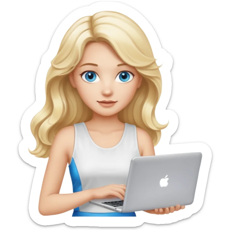 3D Apple-style emoji of a blonde woman whits long wavy hair, with bright blue eyes,
wearing a white sleeveless top,
holding a silver laptop,
clean white background, smooth rounded design
 sticker