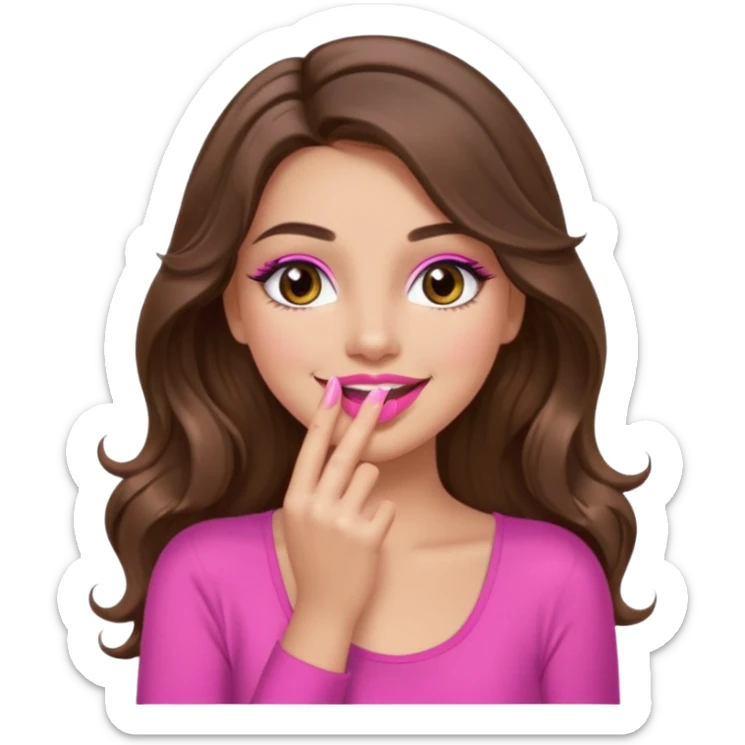 girl with long wavy brown hair, brown eyes, long lashes makeup, sexy pink lips, light to medium complexion, pink sexy top, smiling, hand covering mouth sticker