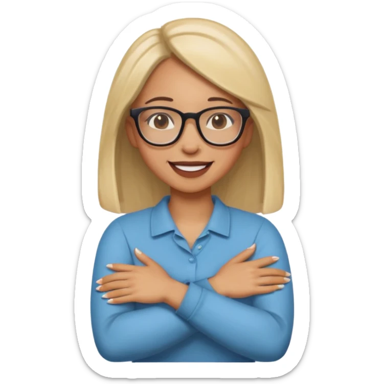 Mixed girl with straight hair and glasses with arms crossed holding neck laughing  sticker