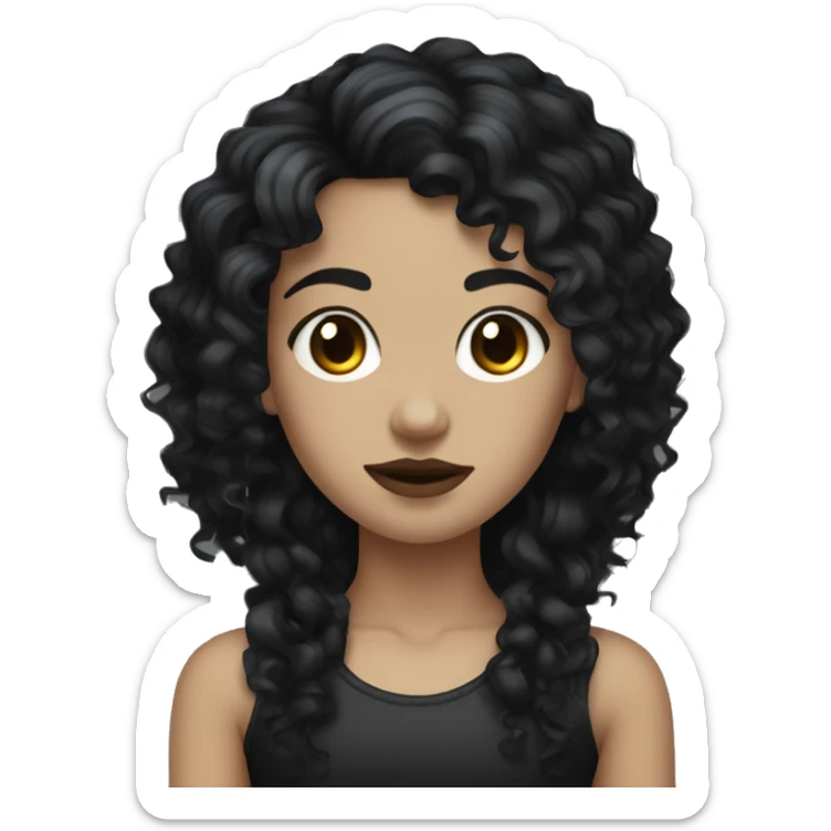 Goth girl with light to medium skin tone, dark brown eyes, and a black curly mullet sticker