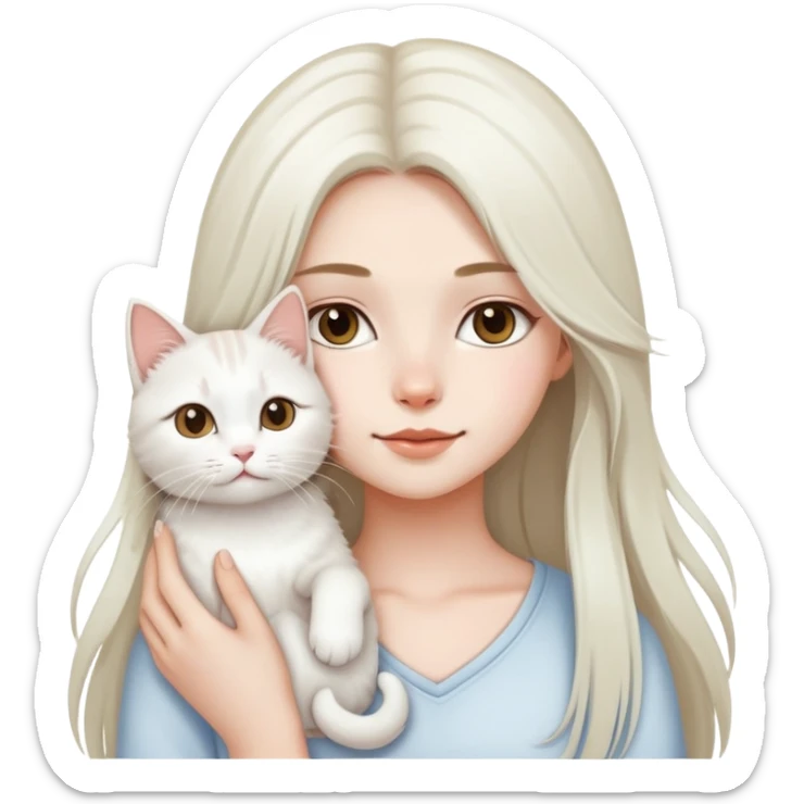 A pretty girl with a long layered hair with a white cute cat with her sticker
