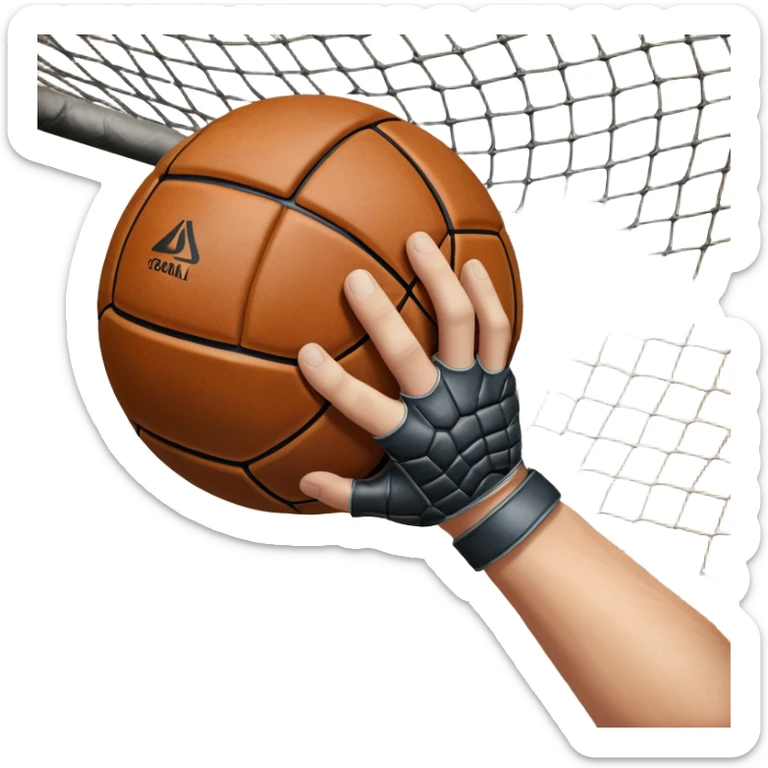 A close-up of a hand gripping a handball, with the goalposts visible in the background. The focus is on the texture of the ball and the strength of the grip, with the goal net slightly blurred to emphasize the anticipation of the throw. sticker