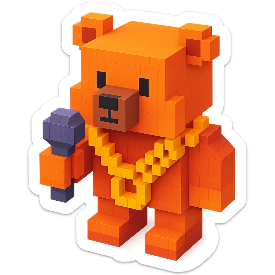 Russian grizzly bear with a rapper chain and a microphone sticker