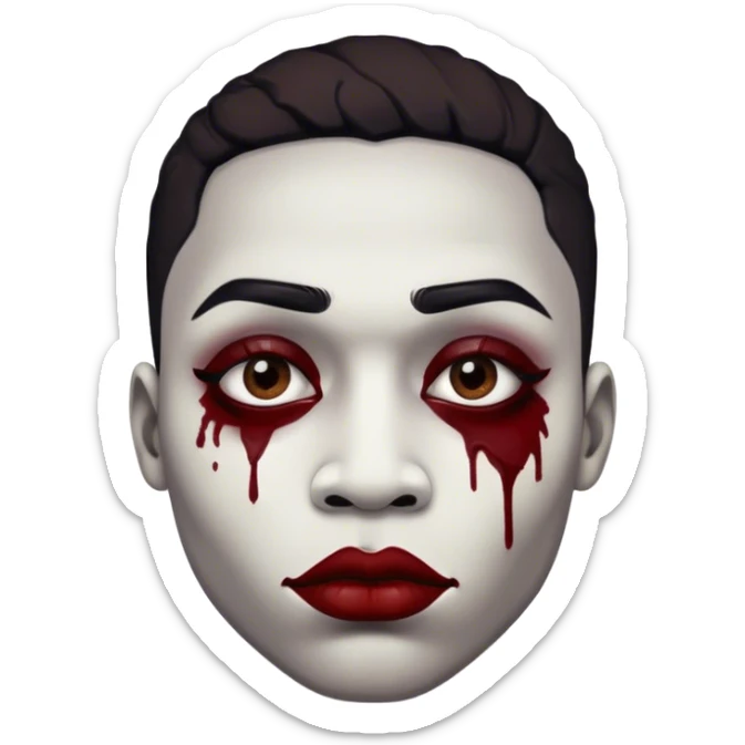 black male . The makeup consists of a white-painted face with black smudged eye makeup that extends outward, creating a haunting, exaggerated look. Their lips are painted deep red, smeared outward in an unsettling, almost sinister manner, resembling the Joker-inspired style of makeup. sticker