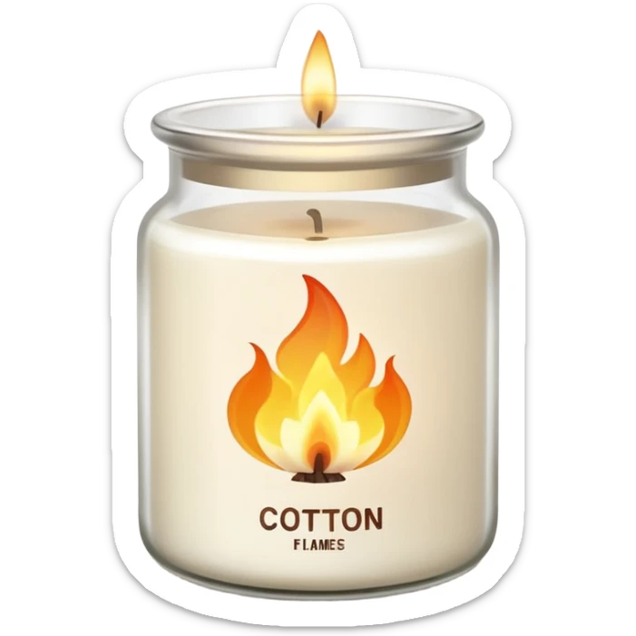 aesthetic emoji of a creamy white candle in a matte glass jar with the label “cotton”, three small flames burning evenly, soft cozy lighting, minimal elegant vector style, transparent background sticker