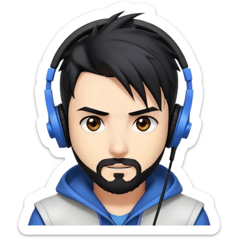 Highly detailed anime-style man with spiky black hair, expressive brown eyes, neat black beard, wearing professional gaming headphones, sharp facial features, anime shading and highlights sticker