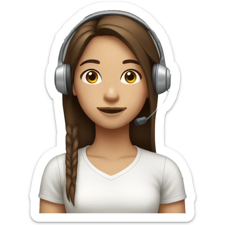 girl with long, straight brown hair, wearing a white shirt, wearing a headset sticker
