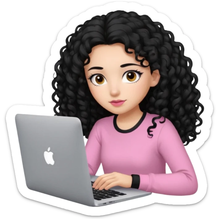 a girl typing mac book with long black curly hair and brown eyes with black eyeliner, pink shirt sticker