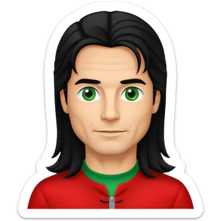 Robert Pilatus, German Singer (1964-1998) with tan skin, long black hair, green eyes, red outfit sticker