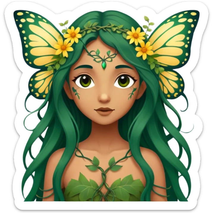 Cinematic Realistic Forest Nymph Fairy Portrait, depicted with lifelike, sun-kissed tanned skin that radiates an earthy glow, softly illuminated by natural, dappled light. Her long, flowing dark green hair is intricately detailed and interwoven with delicate vines and wildflowers, while her deep, soulful eyes mirror the wisdom of the forest. Dressed in an attire inspired by nature’s palette—with subtle botanical motifs—the portrait exudes a soft, enchanted glow that melds realism with woodland magic showing her large butterfly wings. sticker