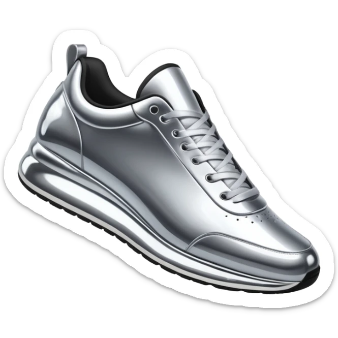 A pair of futuristic sneakers emoji made of silver chrome, sleek streetwear design, smooth metallic panels, subtle reflections, luxury swag aesthetic, iOS emoji style, centered, clean white background sticker