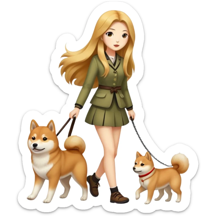 Long-haired beautiful girl walking the Shiba Inu sticker