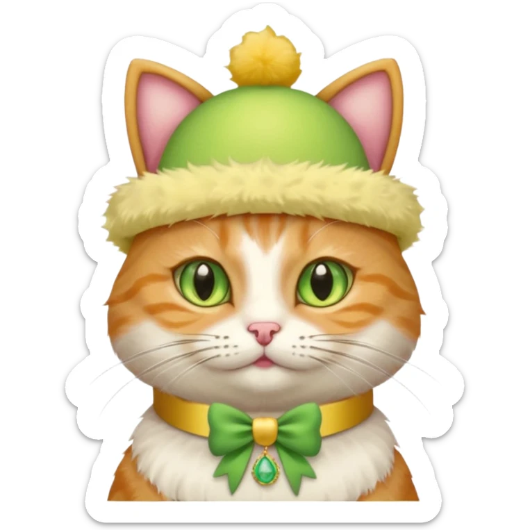 cat wearing a creamy cake hat with fun necklace around his neck and a yellow bow in the middle sticker